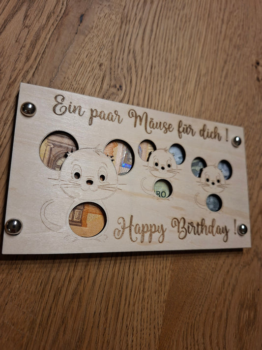 Geldgeschenk,,ein paar Mäuse,, / Holzkuvert
